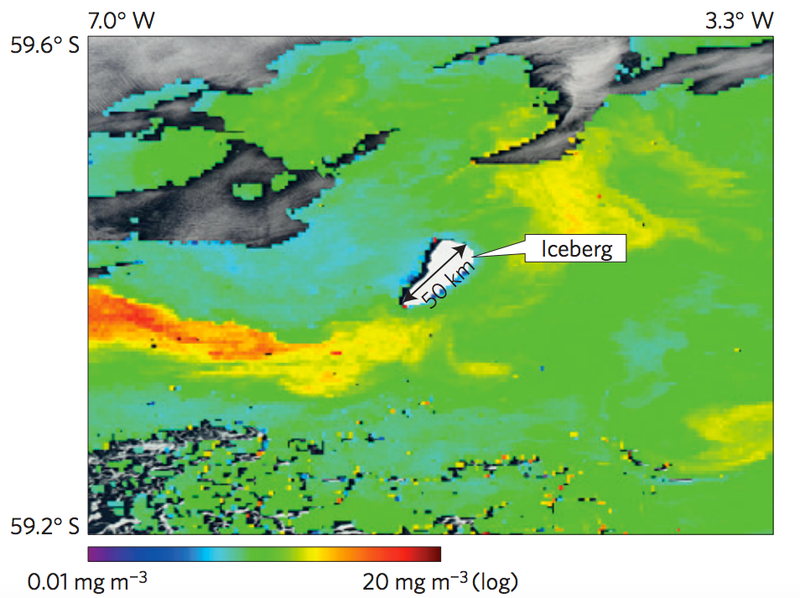 Satellite measurements of enhanced chlorophyll levels around the âC16â giant iceberg in the Southern Ocean, taken on 12 January 2013. Red and yellow areas show high levels spreading out from the iceberg. Grey shading shows cloud cover.